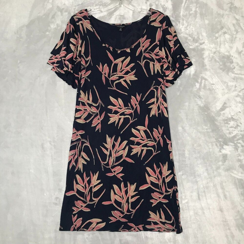 Lucky Brand Dress Womens Medium Blue Pink Shift Flutter Short Sleeve Tropical